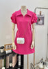 Zipper Collar Down Rose Decor Short Sleeves Mini Dress